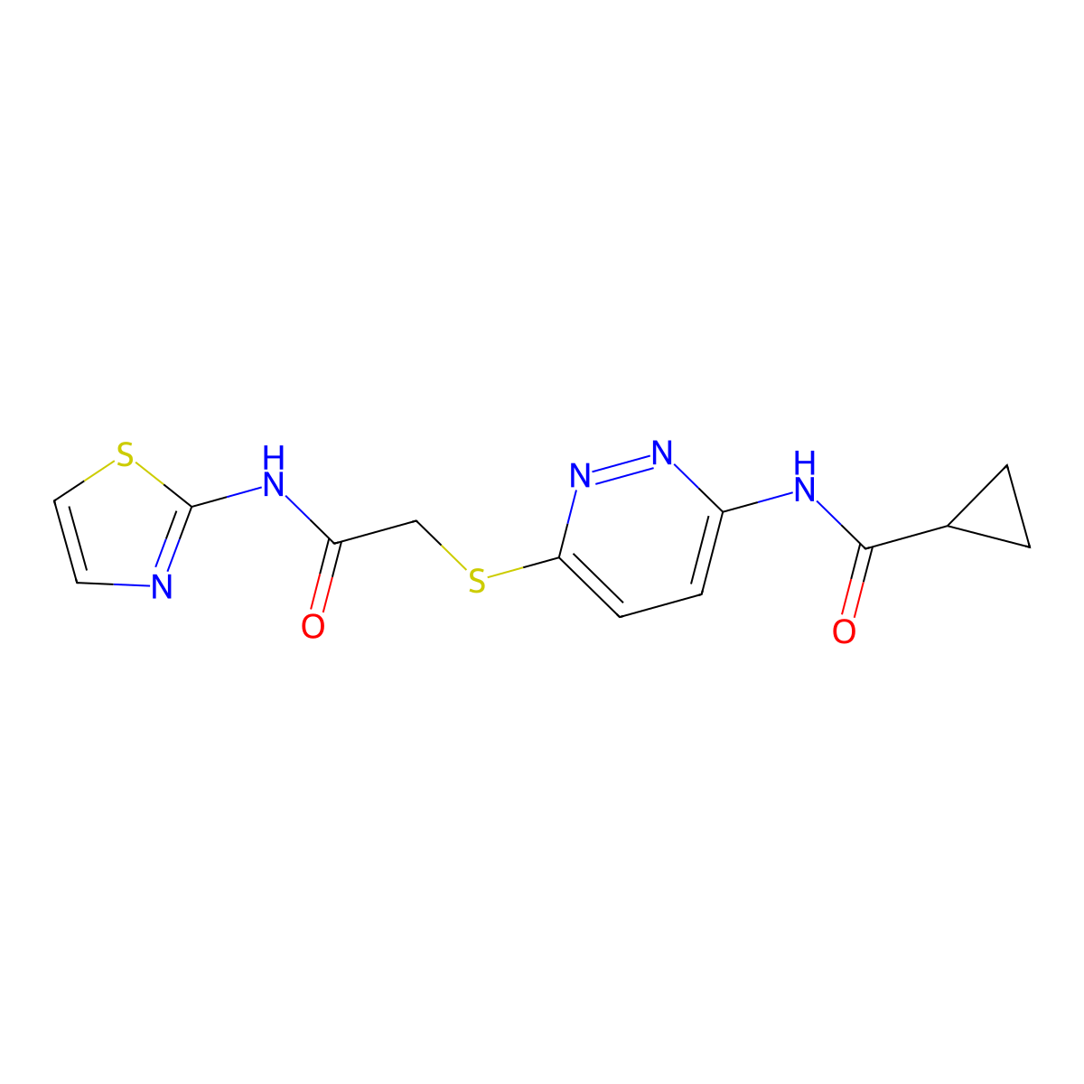 N-[6-({[(1,3-thiazol-2-yl)carbamoyl]methyl}sulfanyl)pyridazin-3-yl]cyclopropanecarboxamide molecular structure, CAS 1021228-33-0