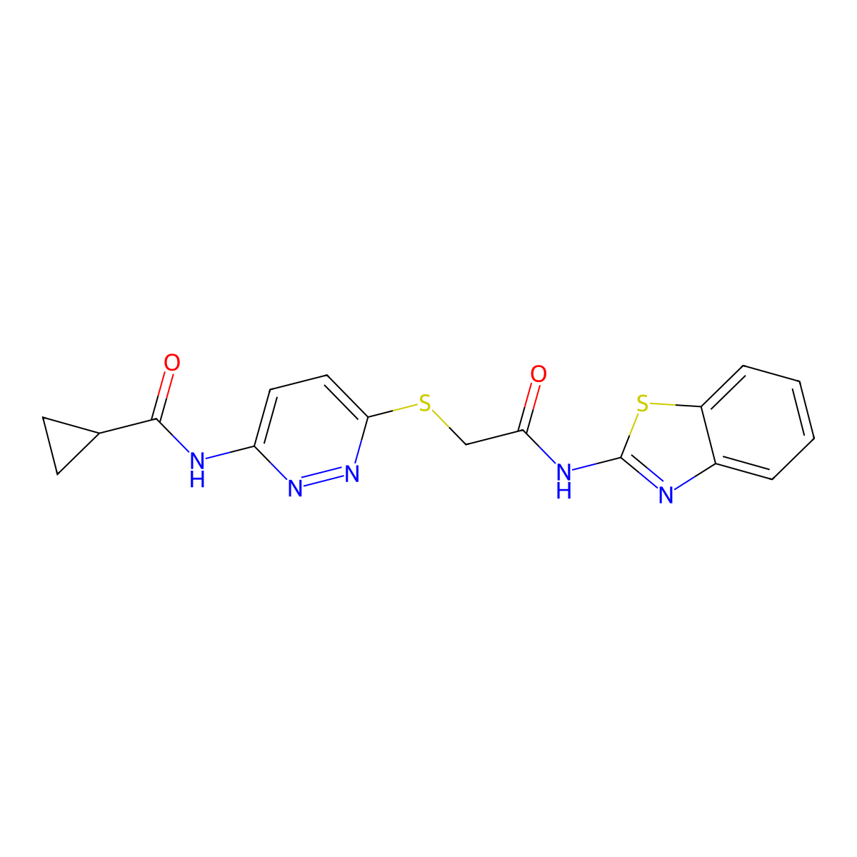 N-[6-({[(1,3-benzothiazol-2-yl)carbamoyl]methyl}sulfanyl)pyridazin-3-yl]cyclopropanecarboxamide molecular structure, CAS 1021228-37-4