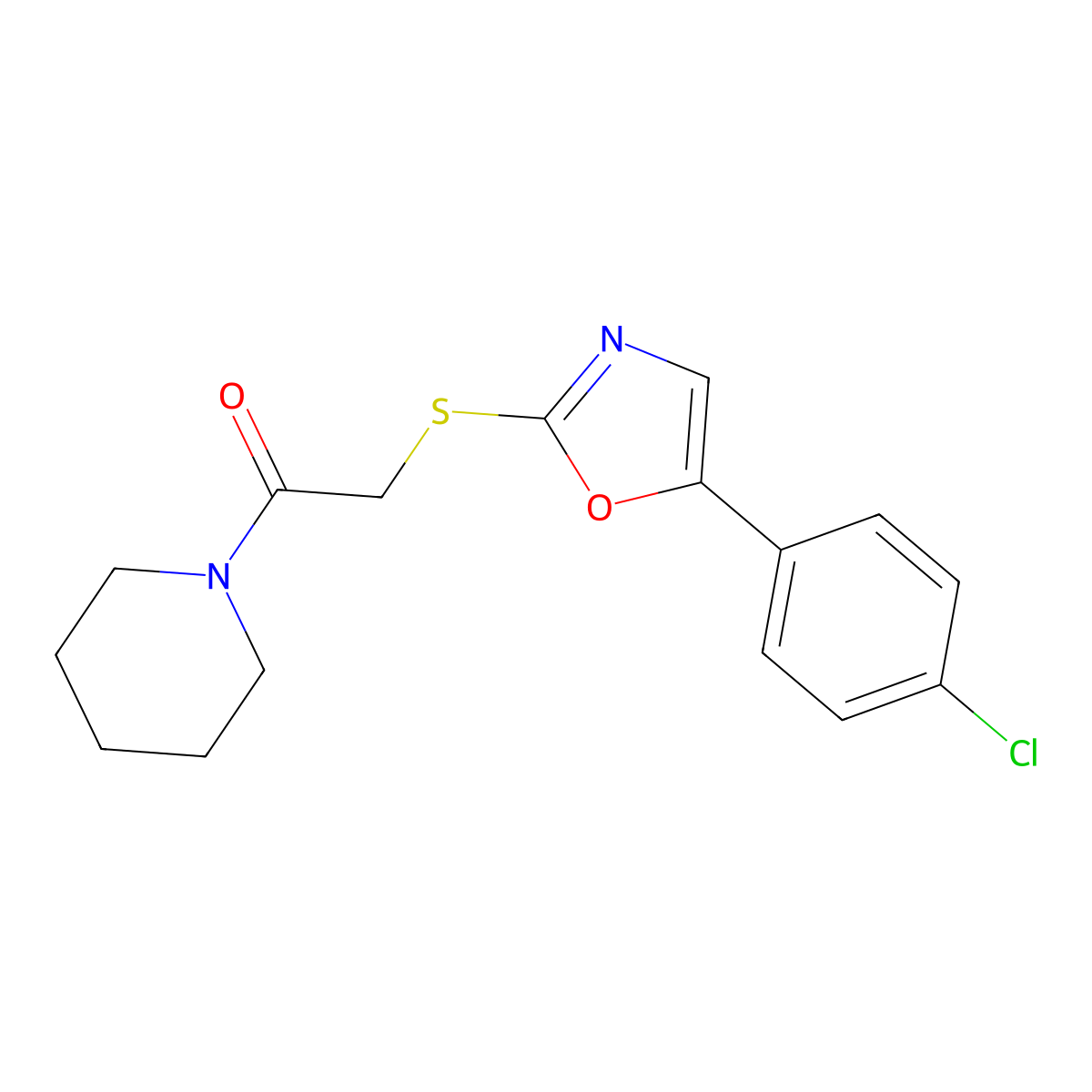 2-{[5-(4-Chlorophenyl)-1,3-oxazol-2-yl]sulfanyl}-1-(piperidin-1-yl)ethan-1-one molecular structure, CAS 1021228-39-6