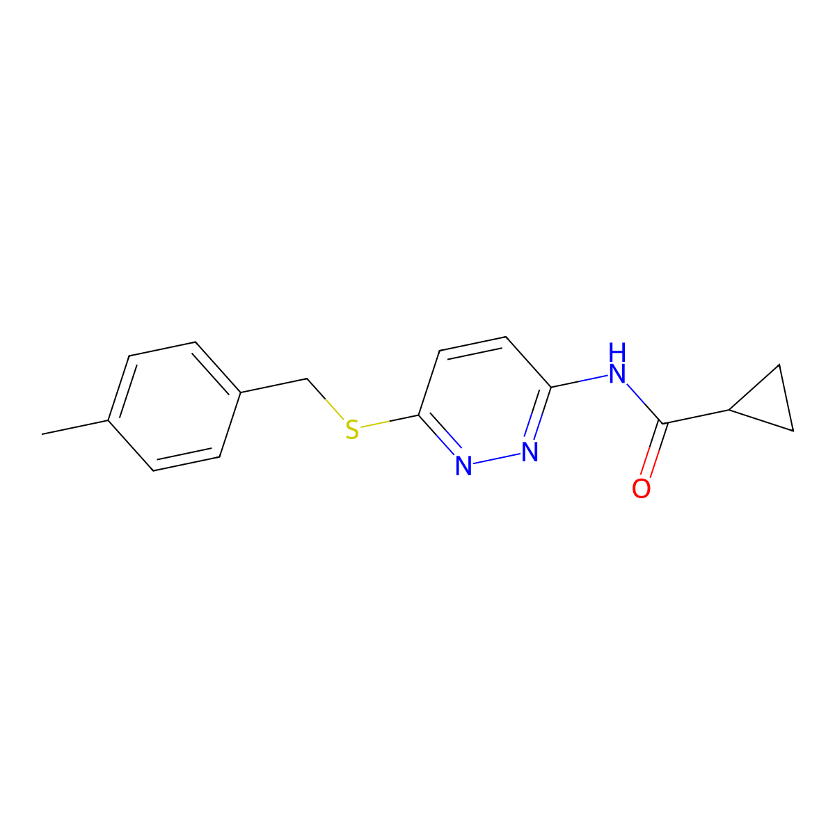 N-(6-{[(4-methylphenyl)methyl]sulfanyl}pyridazin-3-yl)cyclopropanecarboxamide molecular structure, CAS 1021228-45-4