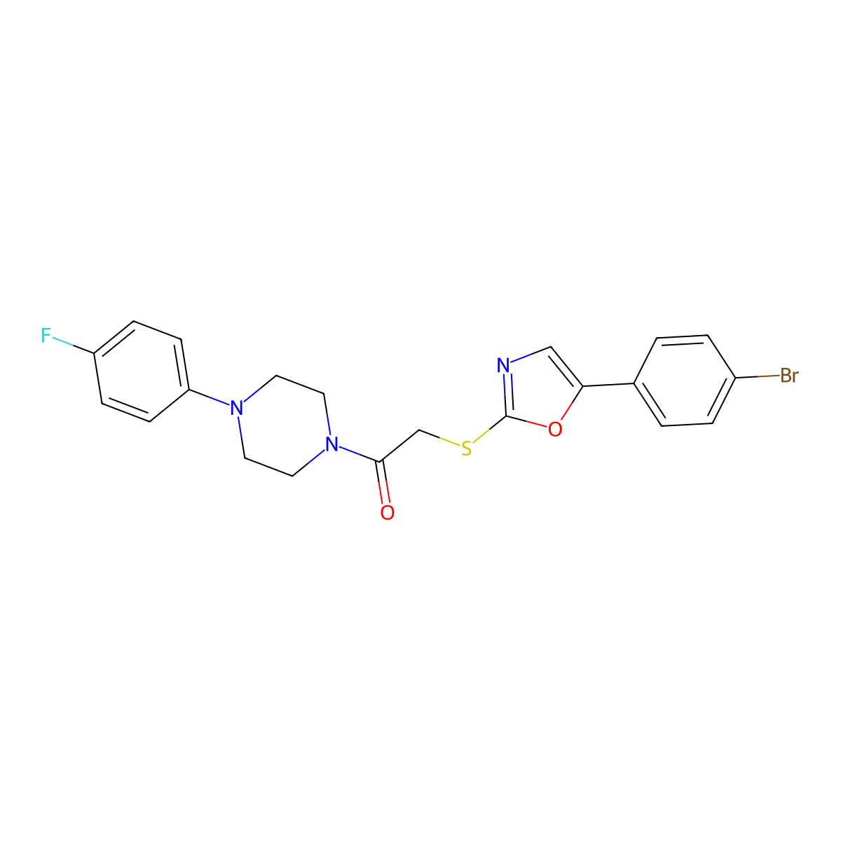 1-({[5-(4-Bromophenyl)-1,3-oxazol-2-yl]thio}acetyl)-4-(4-fluorophenyl)piperazine molecular structure, CAS 1021228-47-6