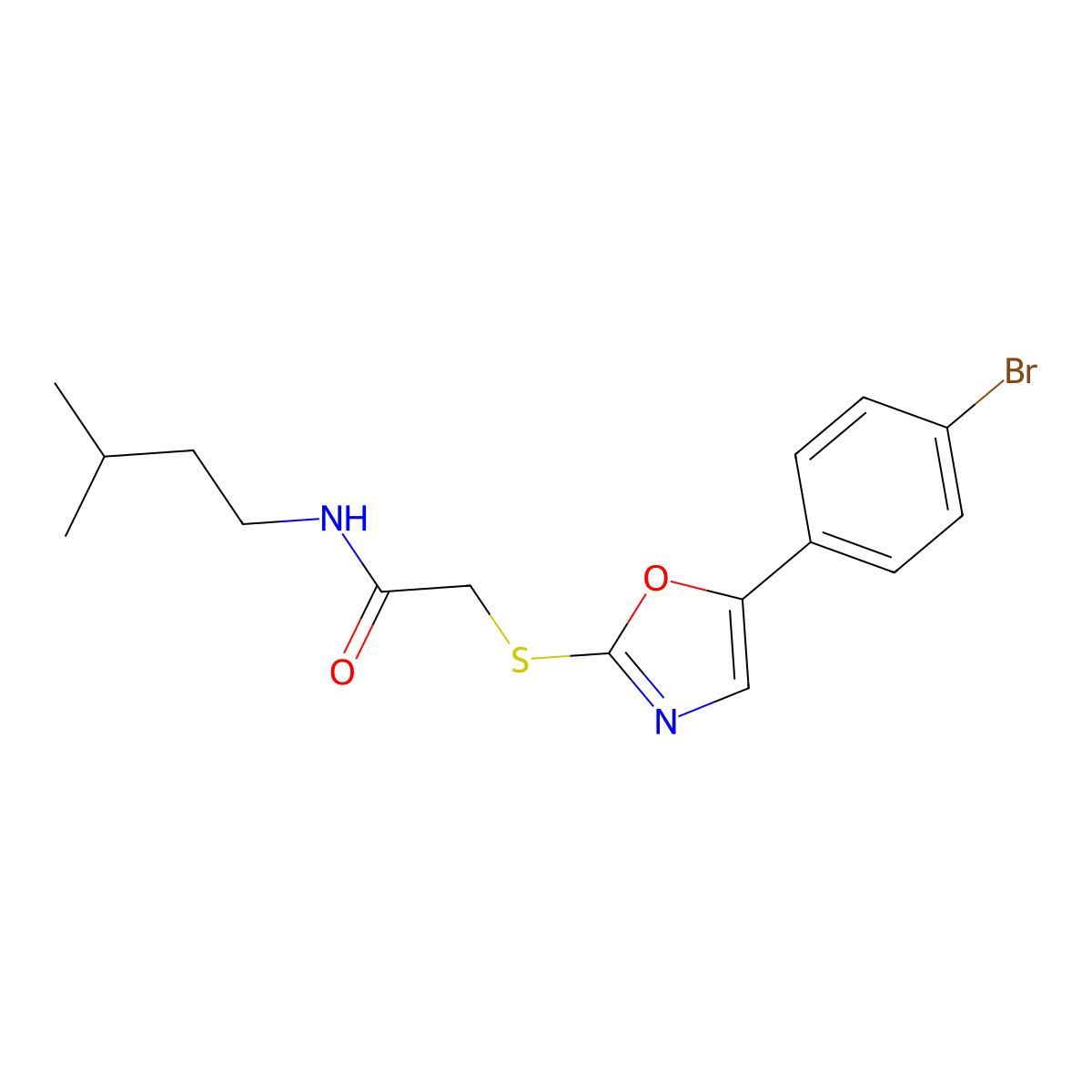 2-{[5-(4-bromophenyl)-1,3-oxazol-2-yl]sulfanyl}-N-(3-methylbutyl)acetamide molecular structure, CAS 1021228-51-2