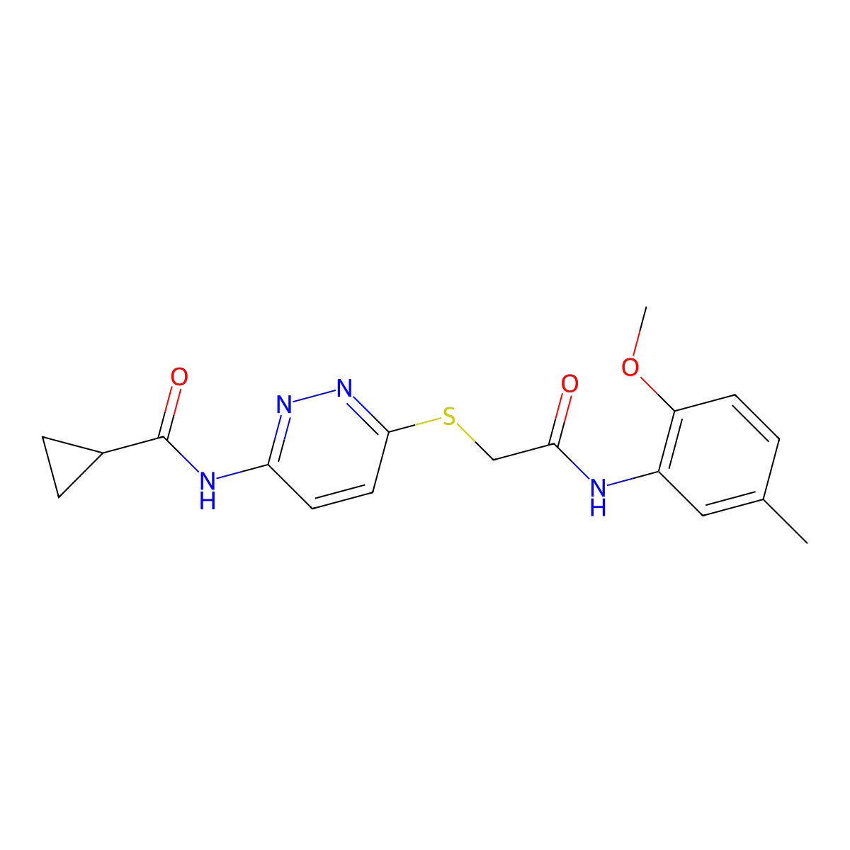N-[6-({[(2-methoxy-5-methylphenyl)carbamoyl]methyl}sulfanyl)pyridazin-3-yl]cyclopropanecarboxamide molecular structure, CAS 1021228-61-4