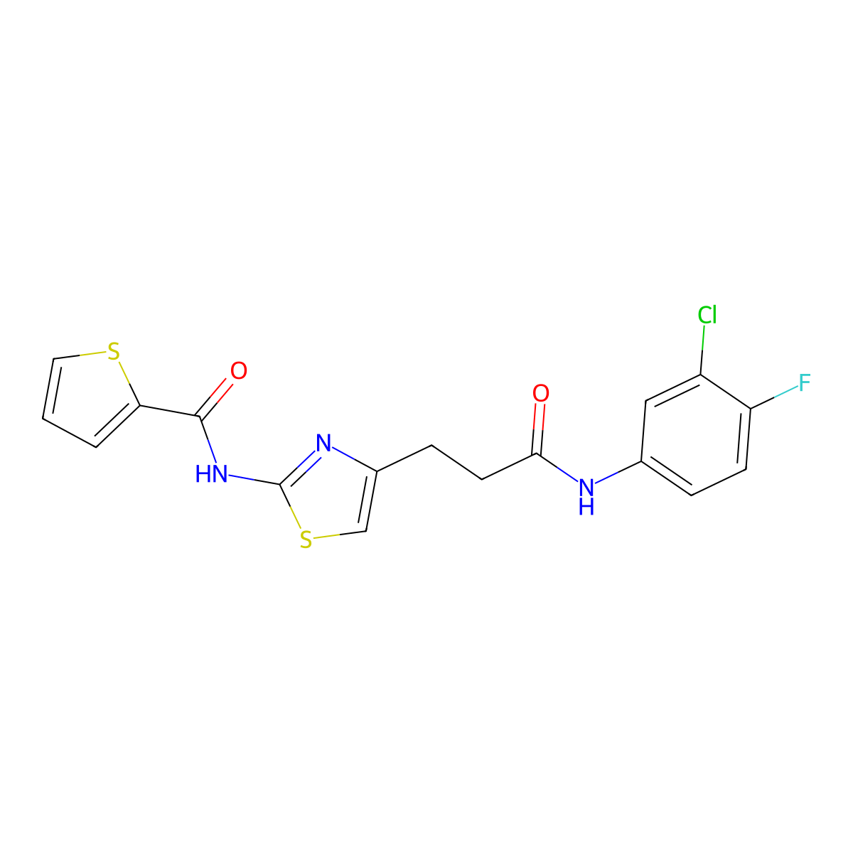 N-(4-(3-((3-chloro-4-fluorophenyl)amino)-3-oxopropyl)thiazol-2-yl)thiophene-2-carboxamide molecular structure, CAS 1021228-62-5