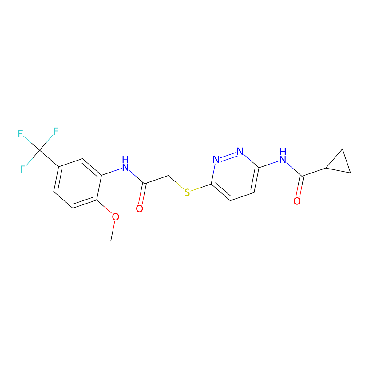 N-{6-[({[2-methoxy-5-(trifluoromethyl)phenyl]carbamoyl}methyl)sulfanyl]pyridazin-3-yl}cyclopropanecarboxamide molecular structure, CAS 1021228-66-9