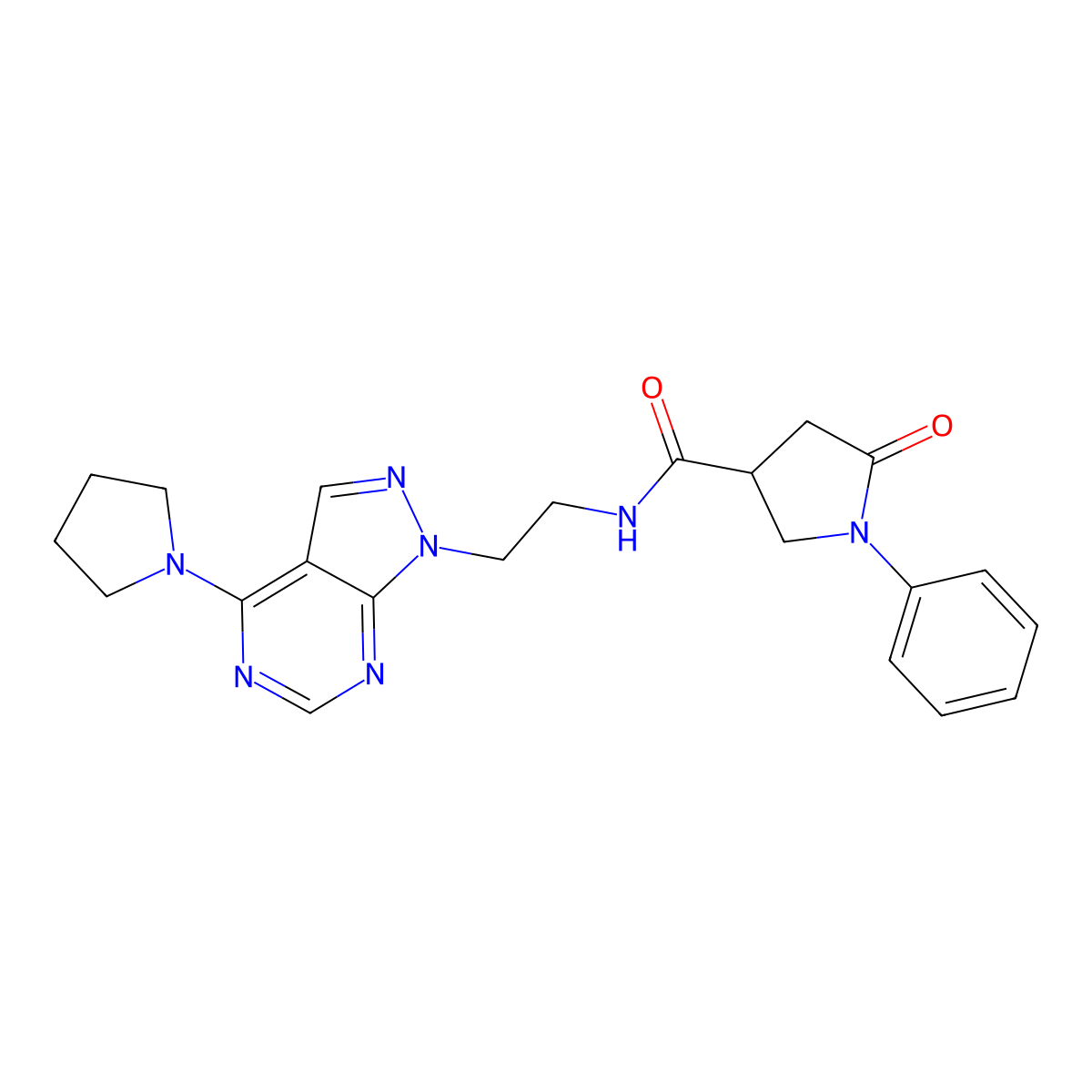 5-oxo-1-phenyl-N-(2-(4-(pyrrolidin-1-yl)-1H-pyrazolo[3,4-d]pyrimidin-1-yl)ethyl)pyrrolidine-3-carboxamide molecular structure, CAS 1021228-68-1
