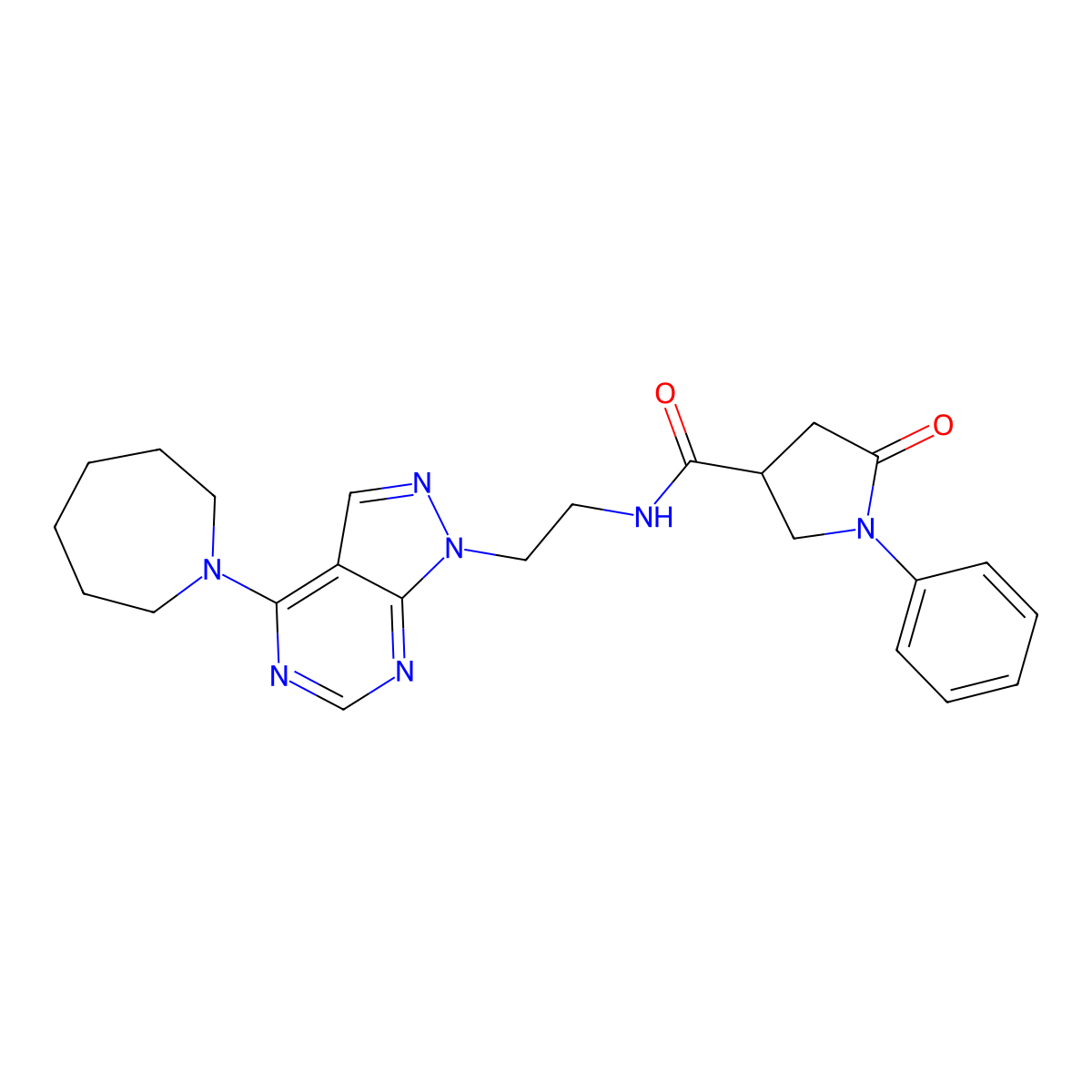 N-(2-(4-(azepan-1-yl)-1H-pyrazolo[3,4-d]pyrimidin-1-yl)ethyl)-5-oxo-1-phenylpyrrolidine-3-carboxamide molecular structure, CAS 1021228-72-7