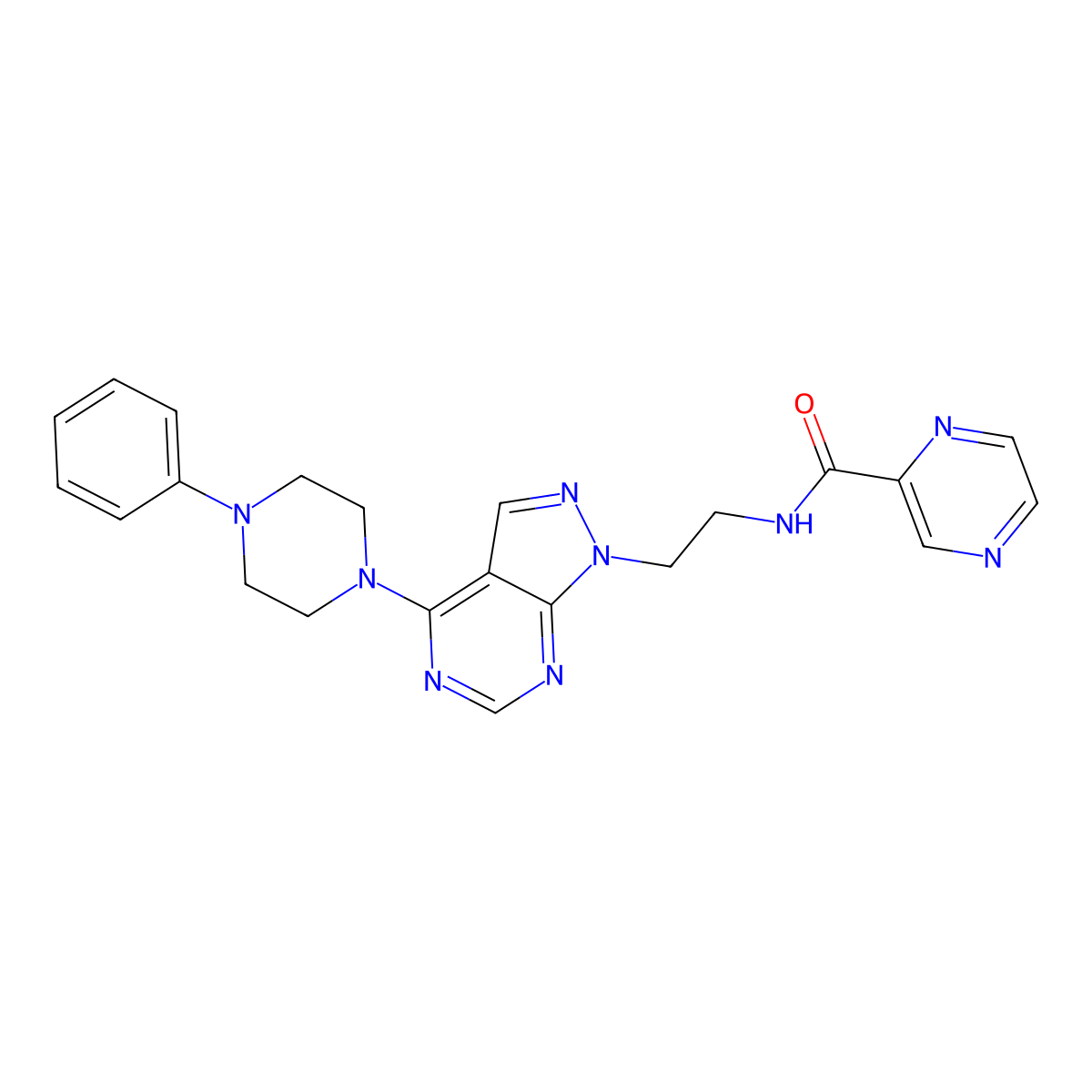 N-{2-[4-(4-phenylpiperazin-1-yl)-1H-pyrazolo[3,4-d]pyrimidin-1-yl]ethyl}pyrazine-2-carboxamide molecular structure, CAS 1021228-77-2
