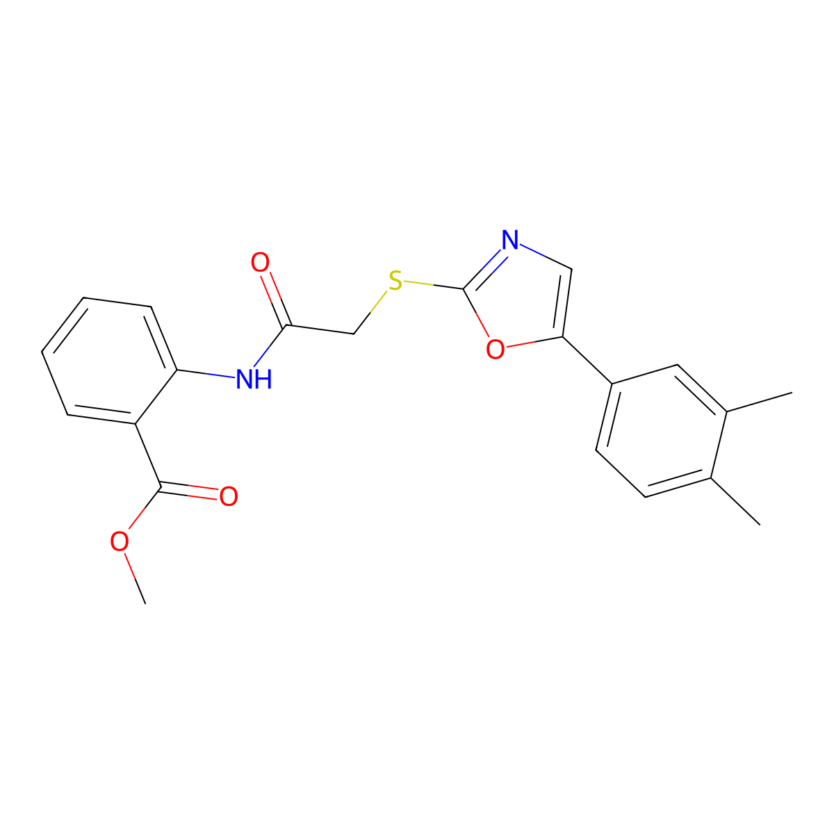 Methyl 2-(2-{[5-(3,4-dimethylphenyl)-1,3-oxazol-2-yl]sulfanyl}acetamido)benzoate molecular structure, CAS 1021228-78-3