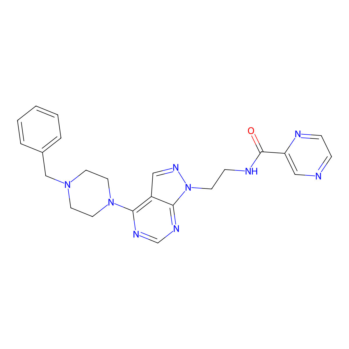N-{2-[4-(4-benzylpiperazin-1-yl)-1H-pyrazolo[3,4-d]pyrimidin-1-yl]ethyl}pyrazine-2-carboxamide molecular structure, CAS 1021228-81-8