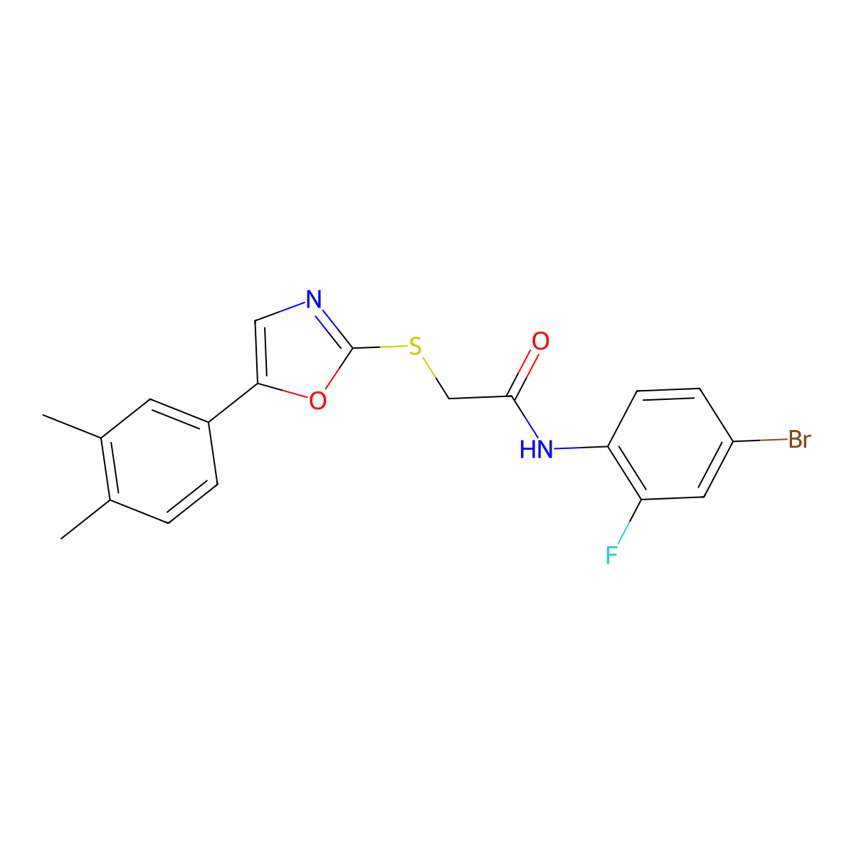 N-(4-bromo-2-fluorophenyl)-2-((5-(3,4-dimethylphenyl)oxazol-2-yl)thio)acetamide molecular structure, CAS 1021228-82-9