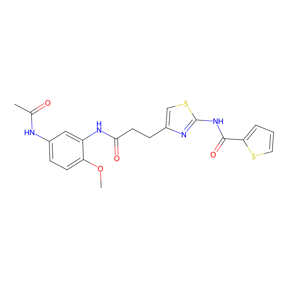 N-(4-(3-((5-acetamido-2-methoxyphenyl)amino)-3-oxopropyl)thiazol-2-yl)thiophene-2-carboxamide molecular structure, CAS 1021228-87-4
