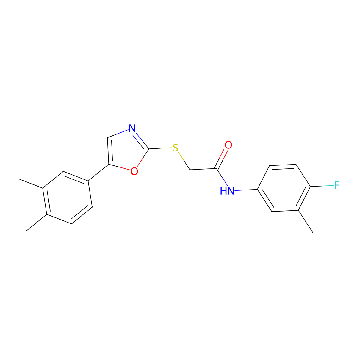 2-{[5-(3,4-dimethylphenyl)-1,3-oxazol-2-yl]sulfanyl}-N-(4-fluoro-3-methylphenyl)acetamide molecular structure, CAS 1021228-89-6