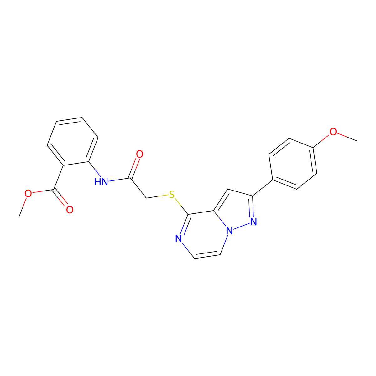 Methyl 2-(2-{[2-(4-methoxyphenyl)pyrazolo[1,5-A]pyrazin-4-YL]sulfanyl}acetamido)benzoate molecular structure, CAS 1021228-94-3