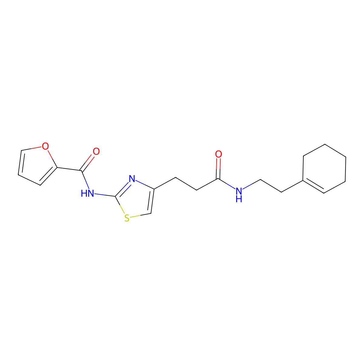 N-(4-(3-((2-(cyclohex-1-en-1-yl)ethyl)amino)-3-oxopropyl)thiazol-2-yl)furan-2-carboxamide molecular structure, CAS 1021228-95-4