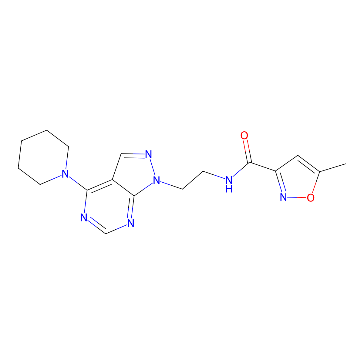5-methyl-N-{2-[4-(piperidin-1-yl)-1H-pyrazolo[3,4-d]pyrimidin-1-yl]ethyl}-1,2-oxazole-3-carboxamide molecular structure, CAS 1021229-17-3