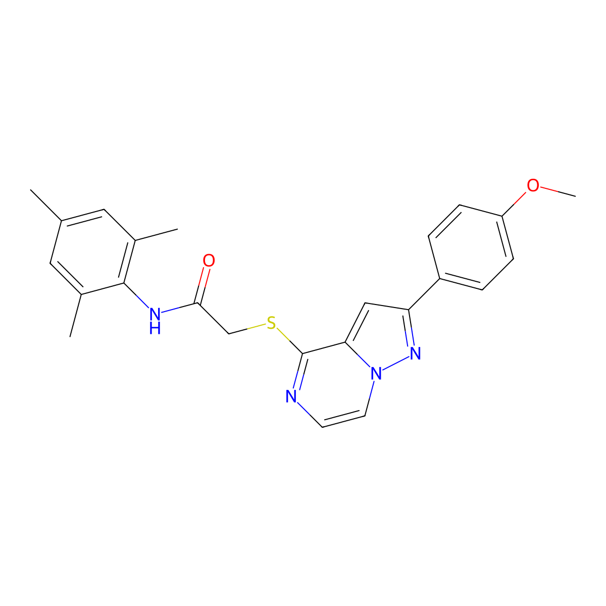 2-{[2-(4-methoxyphenyl)pyrazolo[1,5-a]pyrazin-4-yl]sulfanyl}-N-(2,4,6-trimethylphenyl)acetamide molecular structure, CAS 1021229-19-5