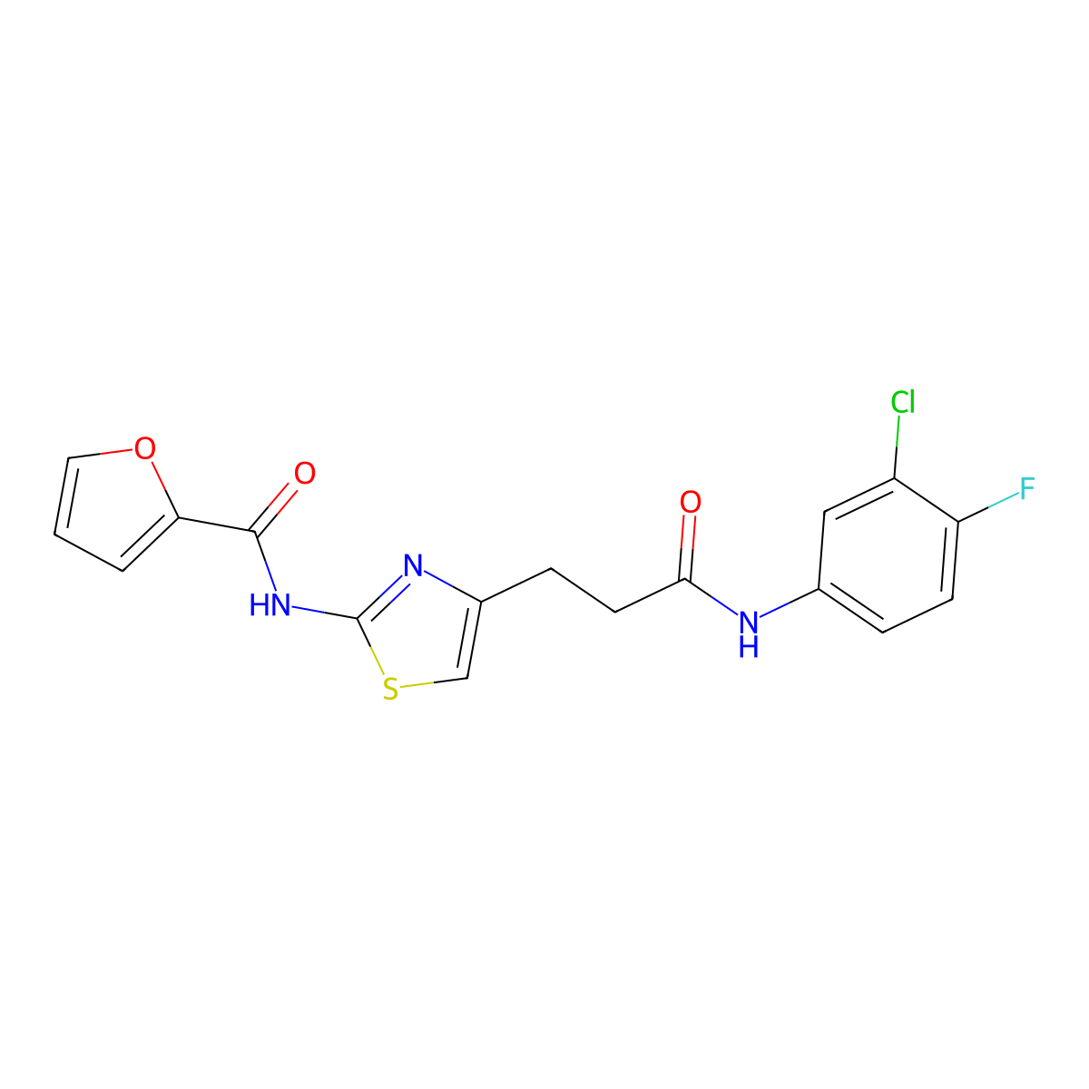 N-(4-(3-((3-chloro-4-fluorophenyl)amino)-3-oxopropyl)thiazol-2-yl)furan-2-carboxamide molecular structure, CAS 1021229-20-8