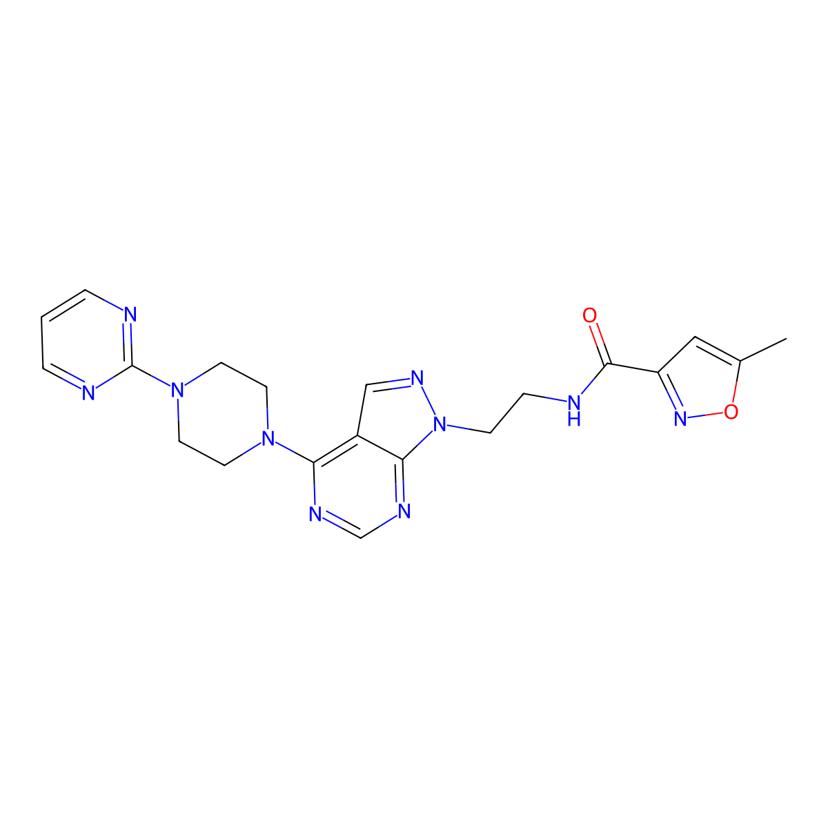 5-methyl-N-(2-{4-[4-(pyrimidin-2-yl)piperazin-1-yl]-1H-pyrazolo[3,4-d]pyrimidin-1-yl}ethyl)-1,2-oxazole-3-carboxamide molecular structure, CAS 1021229-32-2