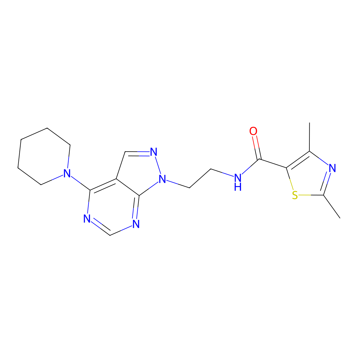 2,4-dimethyl-N-{2-[4-(piperidin-1-yl)-1H-pyrazolo[3,4-d]pyrimidin-1-yl]ethyl}-1,3-thiazole-5-carboxamide molecular structure, CAS 1021229-41-3