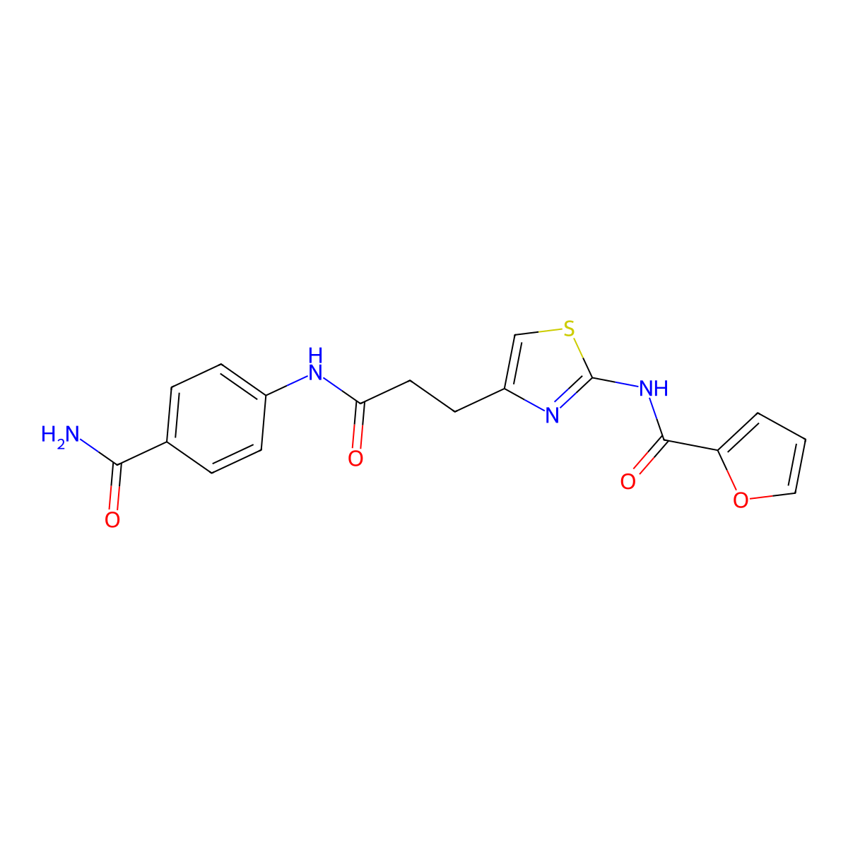 N-(4-(3-((4-carbamoylphenyl)amino)-3-oxopropyl)thiazol-2-yl)furan-2-carboxamide molecular structure, CAS 1021229-50-4