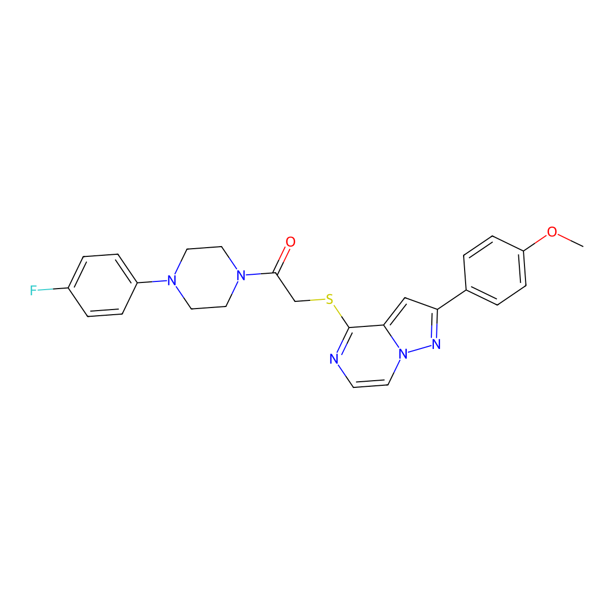 4-({2-[4-(4-Fluorophenyl)piperazin-1-yl]-2-oxoethyl}thio)-2-(4-methoxyphenyl)pyrazolo[1,5-a]pyrazine molecular structure, CAS 1021229-58-2