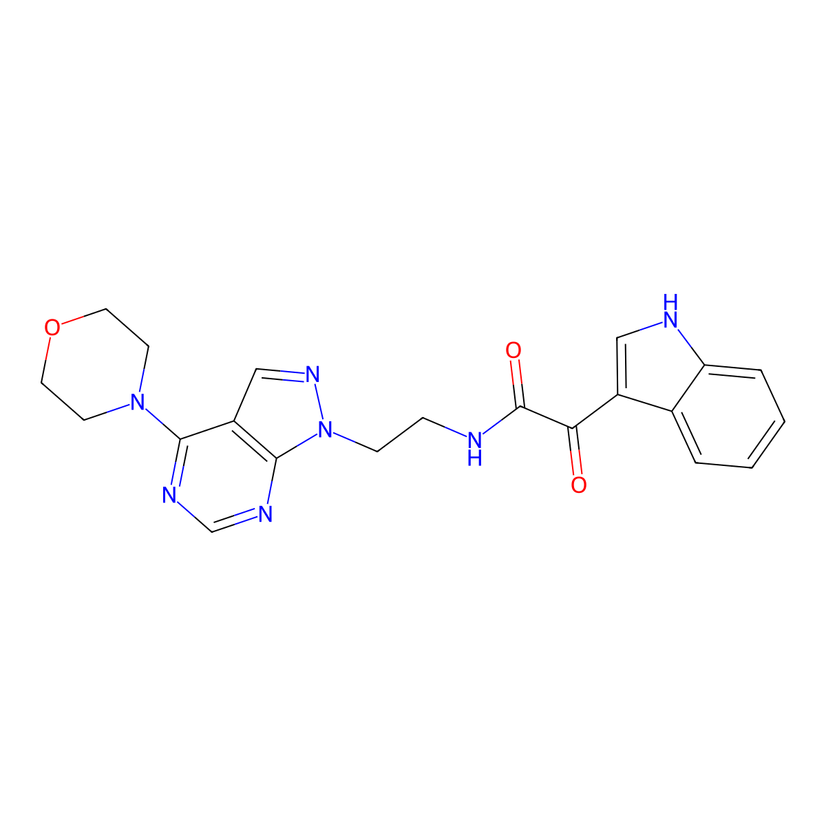 2-(1H-indol-3-yl)-N-(2-(4-morpholino-1H-pyrazolo[3,4-d]pyrimidin-1-yl)ethyl)-2-oxoacetamide molecular structure, CAS 1021229-66-2