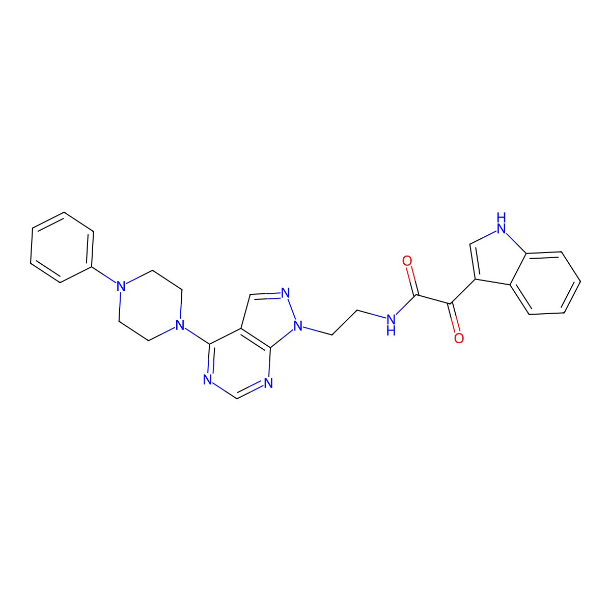 2-(1H-indol-3-yl)-2-oxo-N-(2-(4-(4-phenylpiperazin-1-yl)-1H-pyrazolo[3,4-d]pyrimidin-1-yl)ethyl)acetamide molecular structure, CAS 1021229-70-8