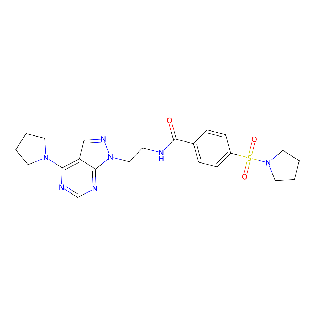 N-{2-[4-(pyrrolidin-1-yl)-1H-pyrazolo[3,4-d]pyrimidin-1-yl]ethyl}-4-(pyrrolidine-1-sulfonyl)benzamide molecular structure, CAS 1021229-81-1