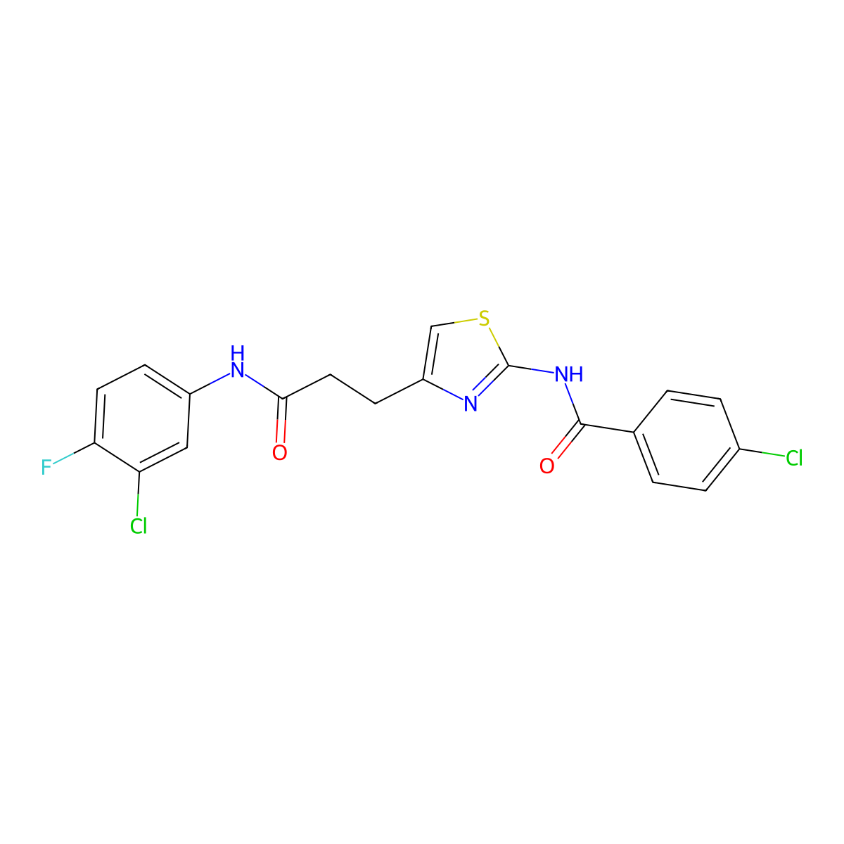 4-chloro-N-(4-(3-((3-chloro-4-fluorophenyl)amino)-3-oxopropyl)thiazol-2-yl)benzamide molecular structure, CAS 1021229-95-7