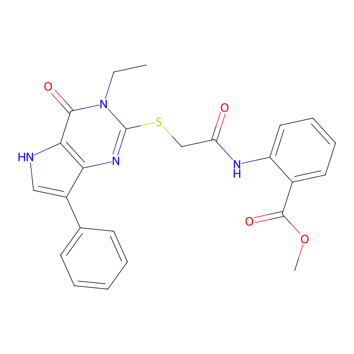 methyl 2-(2-((3-ethyl-4-oxo-7-phenyl-4,5-dihydro-3H-pyrrolo[3,2-d]pyrimidin-2-yl)thio)acetamido)benzoate molecular structure, CAS 1021230-08-9
