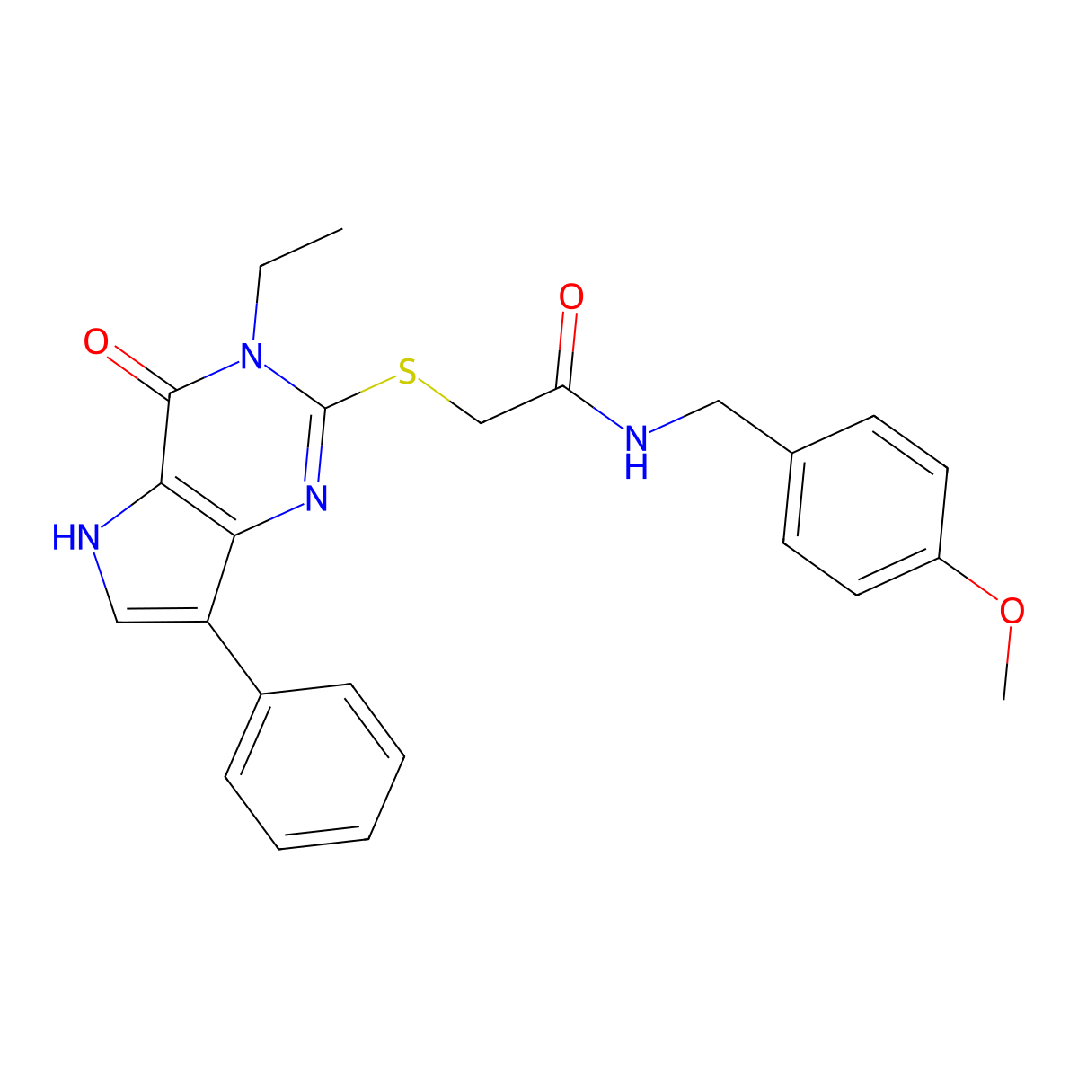 2-[(3-ethyl-4-oxo-7-phenyl-4,5-dihydro-3H-pyrrolo[3,2-d]pyrimidin-2-yl)sulfanyl]-N-(4-methoxybenzyl)acetamide molecular structure, CAS 1021230-24-9