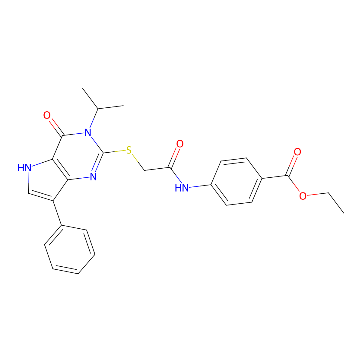ethyl 4-(2-{[4-oxo-7-phenyl-3-(propan-2-yl)-3H,4H,5H-pyrrolo[3,2-d]pyrimidin-2-yl]sulfanyl}acetamido)benzoate molecular structure, CAS 1021230-31-8