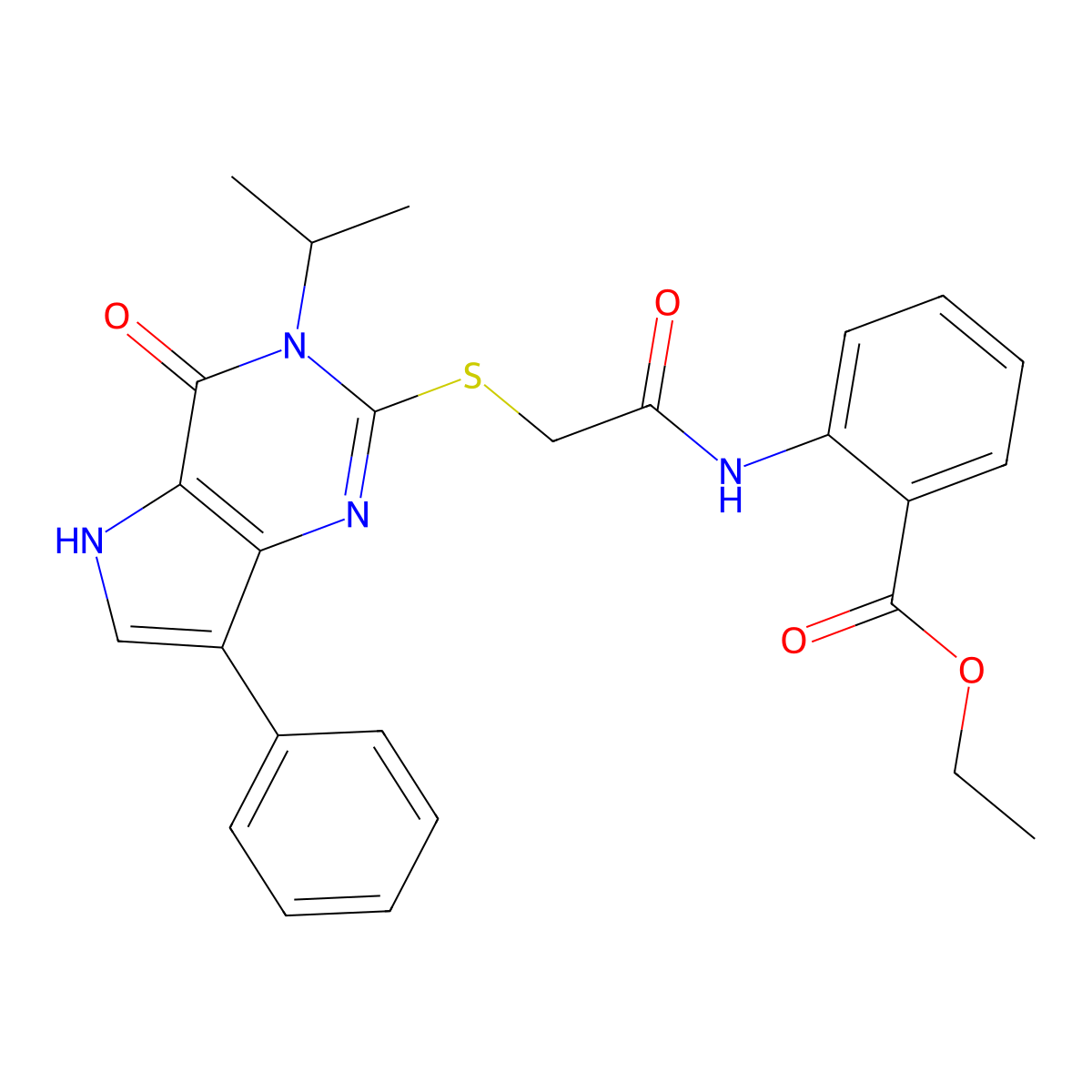 ethyl 2-(2-{[4-oxo-7-phenyl-3-(propan-2-yl)-3H,4H,5H-pyrrolo[3,2-d]pyrimidin-2-yl]sulfanyl}acetamido)benzoate molecular structure, CAS 1021230-35-2