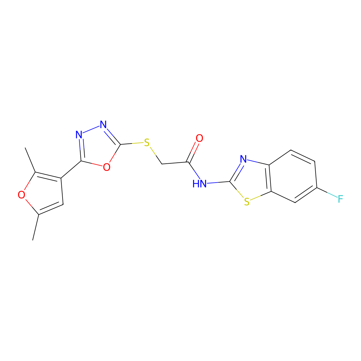 2-((5-(2,5-dimethylfuran-3-yl)-1,3,4-oxadiazol-2-yl)thio)-N-(6-fluorobenzo[d]thiazol-2-yl)acetamide molecular structure, CAS 1021230-39-6