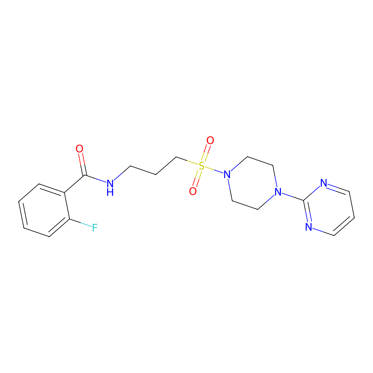 2-fluoro-N-(3-((4-(pyrimidin-2-yl)piperazin-1-yl)sulfonyl)propyl)benzamide molecular structure, CAS 1021248-20-3