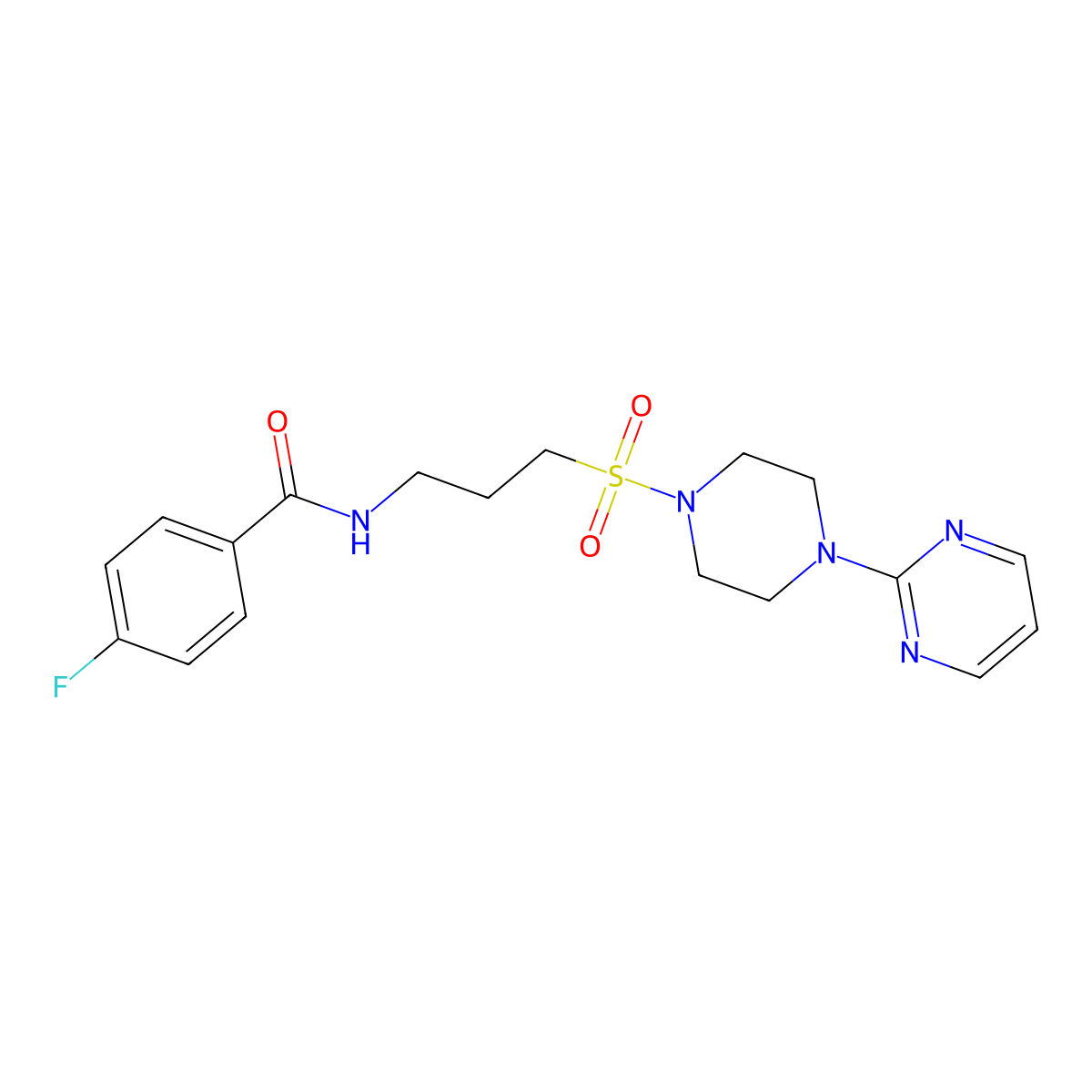 4-fluoro-N-(3-((4-(pyrimidin-2-yl)piperazin-1-yl)sulfonyl)propyl)benzamide molecular structure, CAS 1021248-23-6
