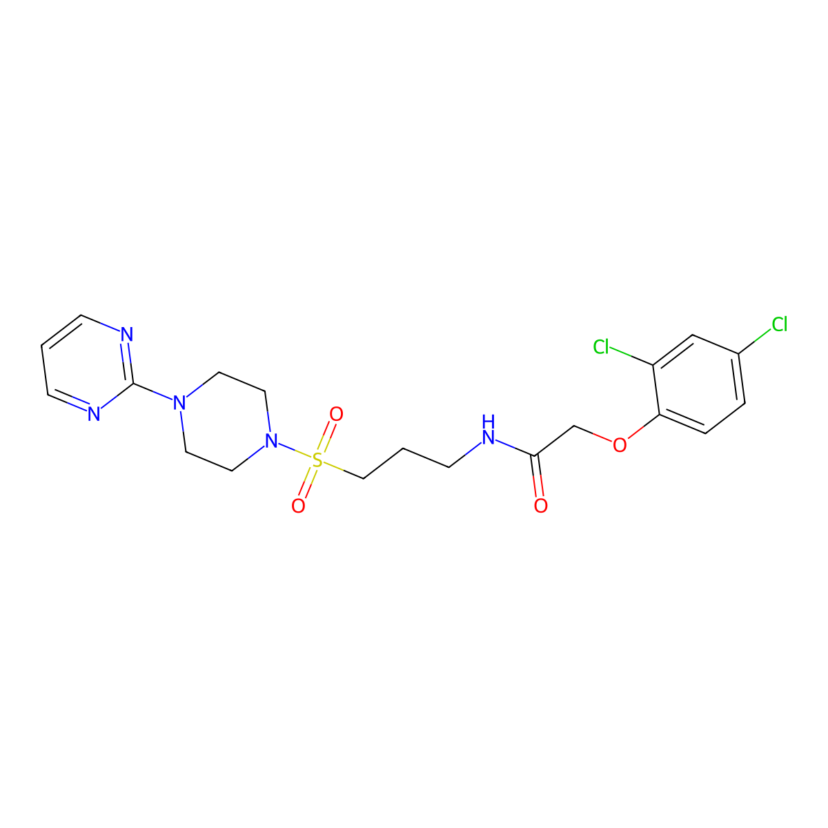 2-(2,4-dichlorophenoxy)-N-(3-((4-(pyrimidin-2-yl)piperazin-1-yl)sulfonyl)propyl)acetamide molecular structure, CAS 1021248-28-1