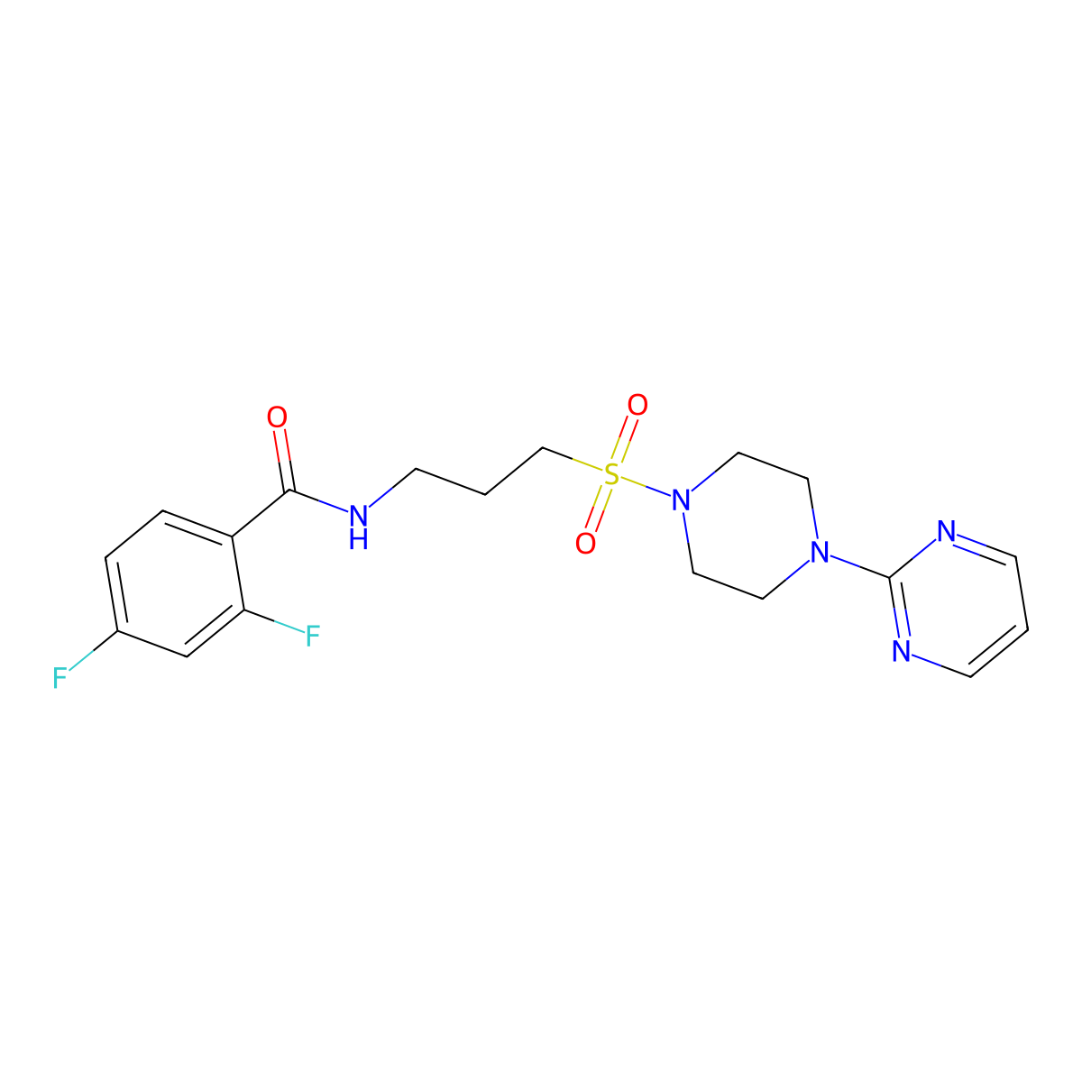 2,4-difluoro-N-(3-((4-(pyrimidin-2-yl)piperazin-1-yl)sulfonyl)propyl)benzamide molecular structure, CAS 1021248-51-0