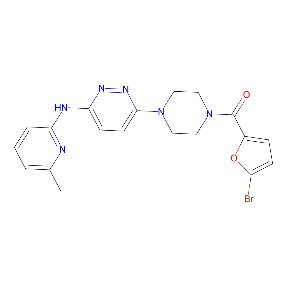 (5-Bromofuran-2-yl)(4-(6-((6-methylpyridin-2-yl)amino)pyridazin-3-yl)piperazin-1-yl)methanone molecular structure, CAS 1021248-67-8