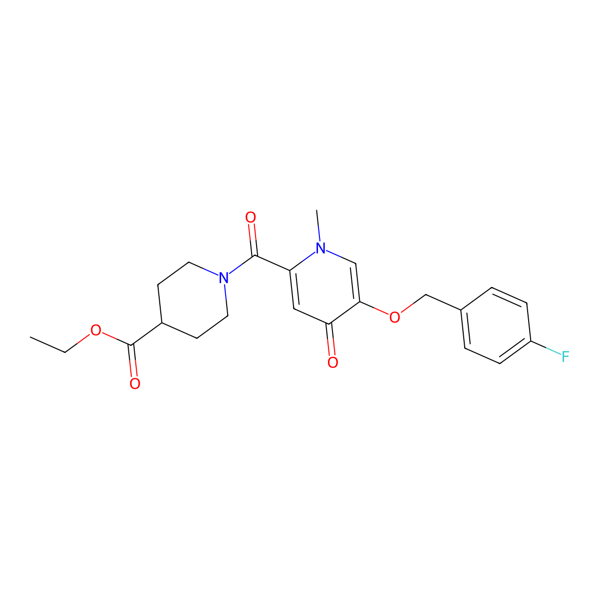 Ethyl 1-(5-((4-fluorobenzyl)oxy)-1-methyl-4-oxo-1,4-dihydropyridine-2-carbonyl)piperidine-4-carboxylate molecular structure, CAS 1021249-16-0