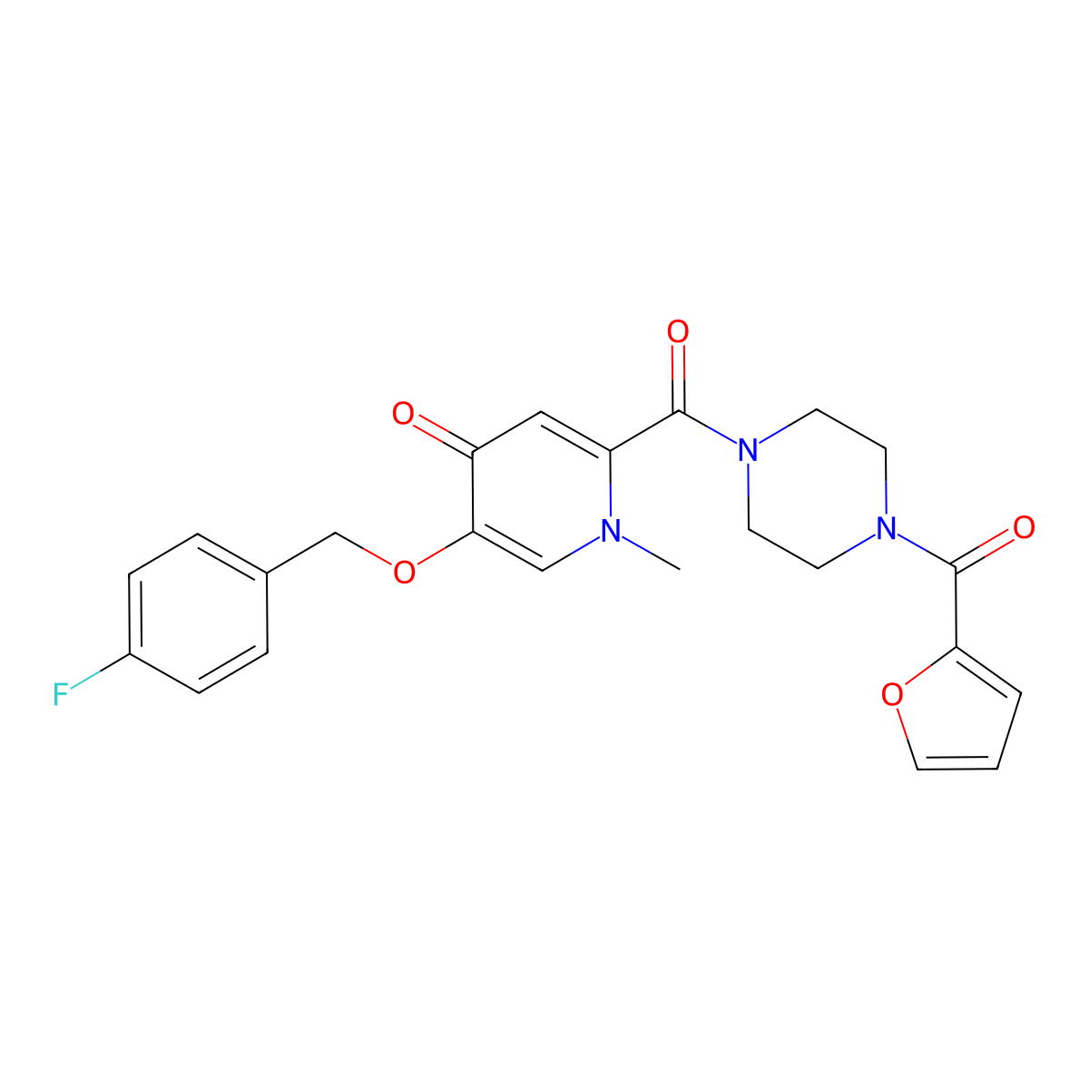 5-((4-fluorobenzyl)oxy)-2-(4-(furan-2-carbonyl)piperazine-1-carbonyl)-1-methylpyridin-4(1H)-one molecular structure, CAS 1021249-23-9