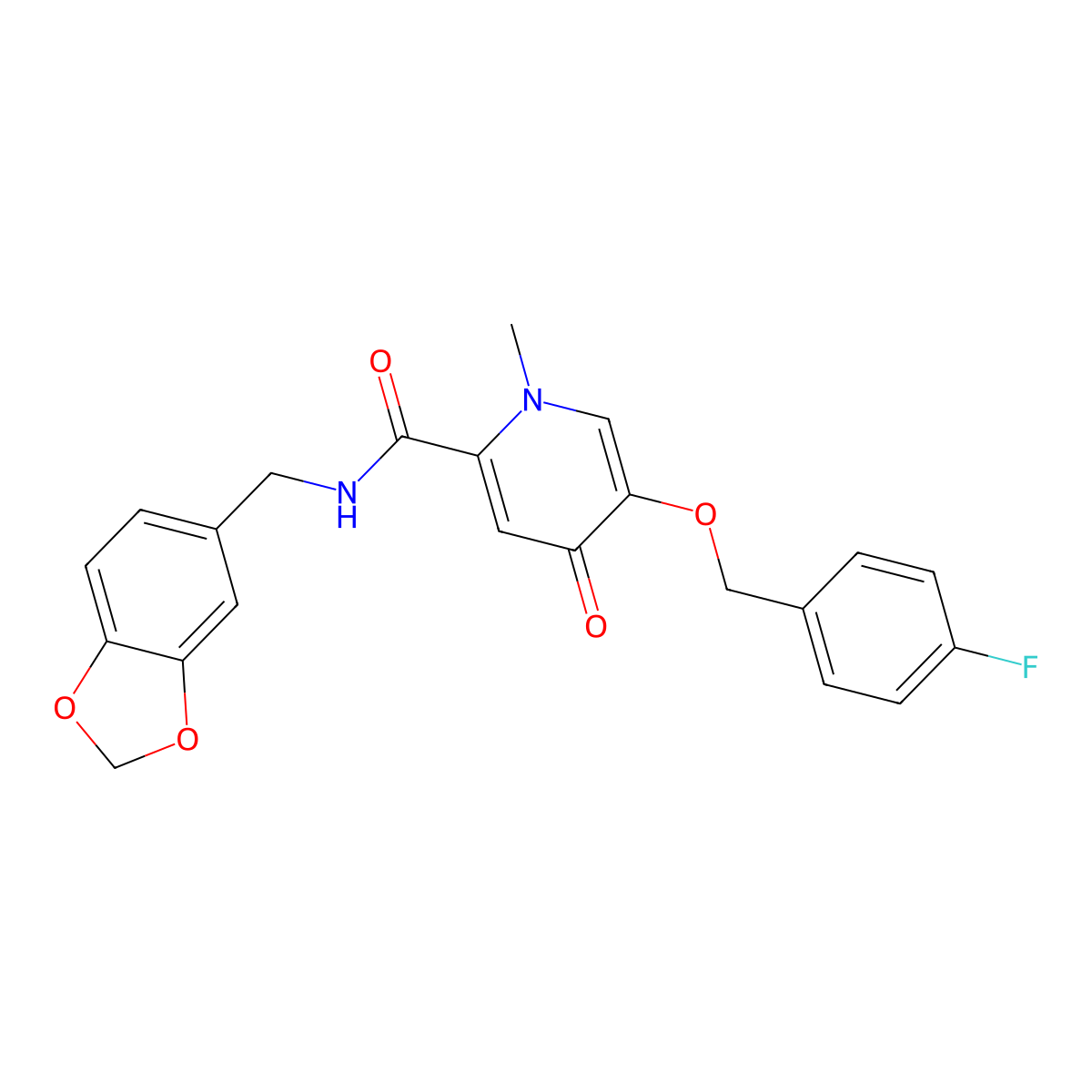 N-(benzo[d][1,3]dioxol-5-ylmethyl)-5-((4-fluorobenzyl)oxy)-1-methyl-4-oxo-1,4-dihydropyridine-2-carboxamide molecular structure, CAS 1021249-26-2