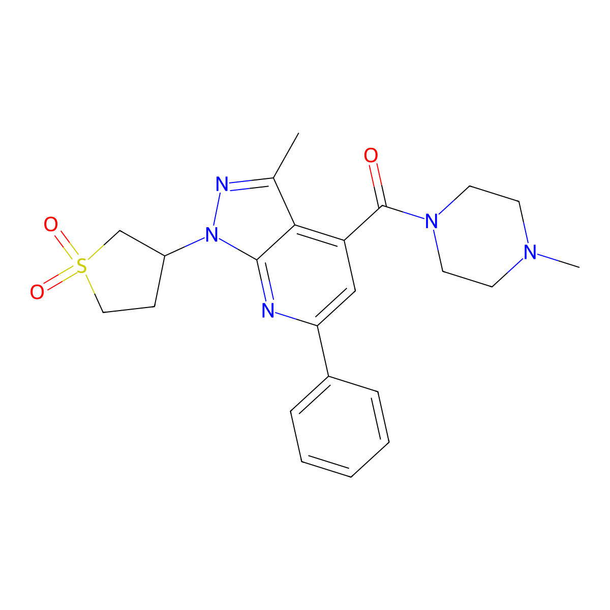 (1-(1,1-dioxidotetrahydrothiophen-3-yl)-3-methyl-6-phenyl-1H-pyrazolo[3,4-b]pyridin-4-yl)(4-methylpiperazin-1-yl)methanone molecular structure, CAS 1021249-45-5