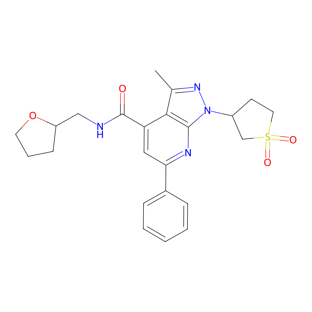 1-(1,1-dioxidotetrahydrothiophen-3-yl)-3-methyl-6-phenyl-N-((tetrahydrofuran-2-yl)methyl)-1H-pyrazolo[3,4-b]pyridine-4-carboxamide molecular structure, CAS 1021249-53-5