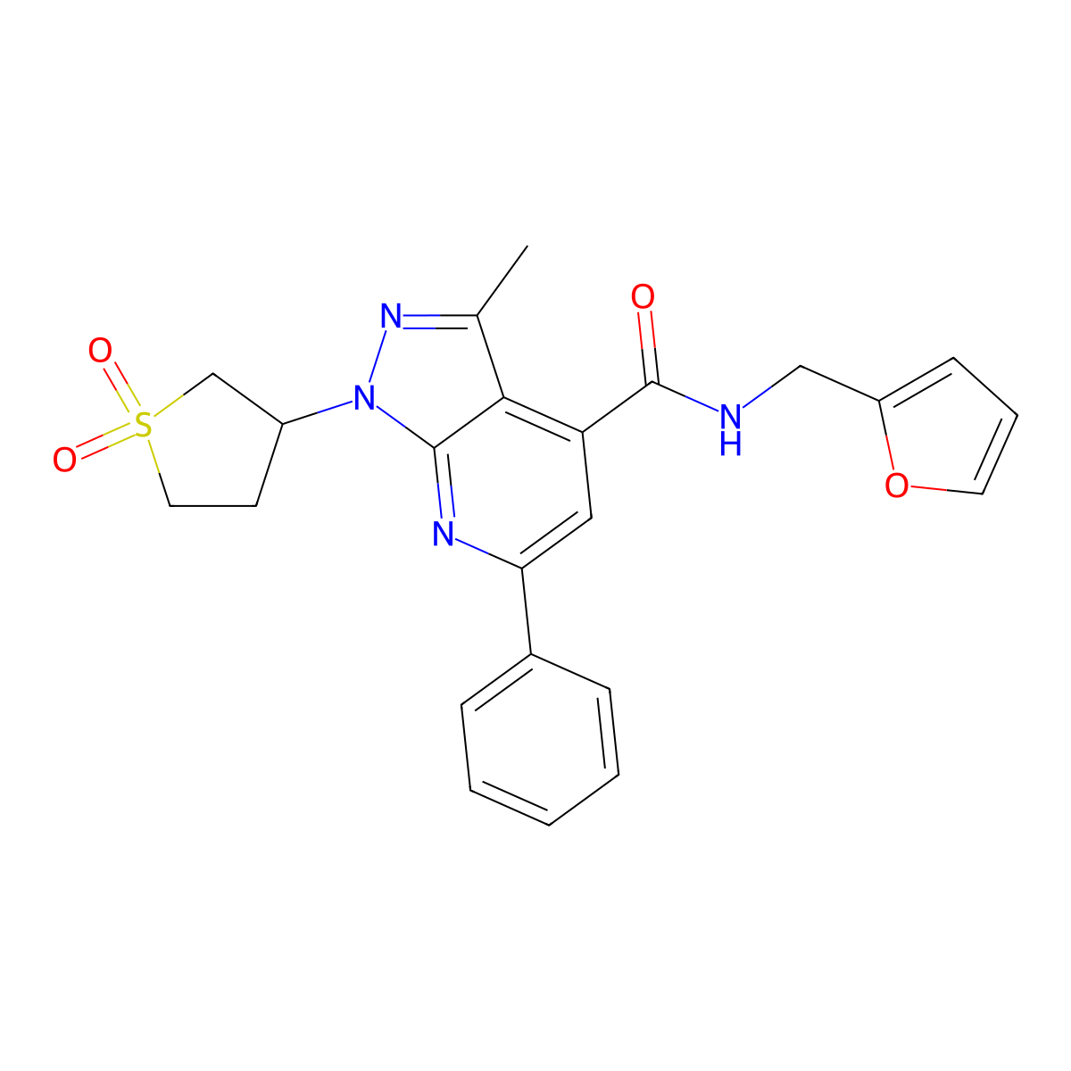 1-(1,1-dioxidotetrahydrothiophen-3-yl)-N-(furan-2-ylmethyl)-3-methyl-6-phenyl-1H-pyrazolo[3,4-b]pyridine-4-carboxamide molecular structure, CAS 1021249-66-0