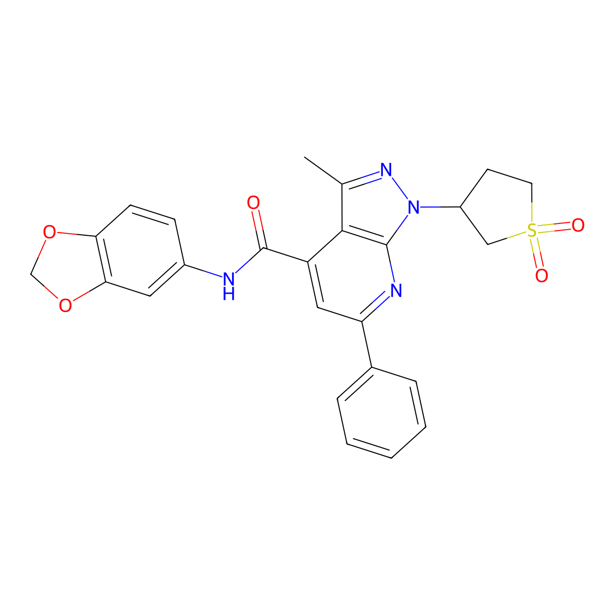 N-(benzo[d][1,3]dioxol-5-yl)-1-(1,1-dioxidotetrahydrothiophen-3-yl)-3-methyl-6-phenyl-1H-pyrazolo[3,4-b]pyridine-4-carboxamide molecular structure, CAS 1021249-77-3
