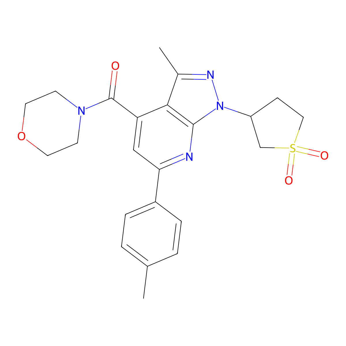 3-[3-methyl-6-(4-methylphenyl)-4-(morpholine-4-carbonyl)-1H-pyrazolo[3,4-b]pyridin-1-yl]-1lambda6-thiolane-1,1-dione molecular structure, CAS 1021249-88-6