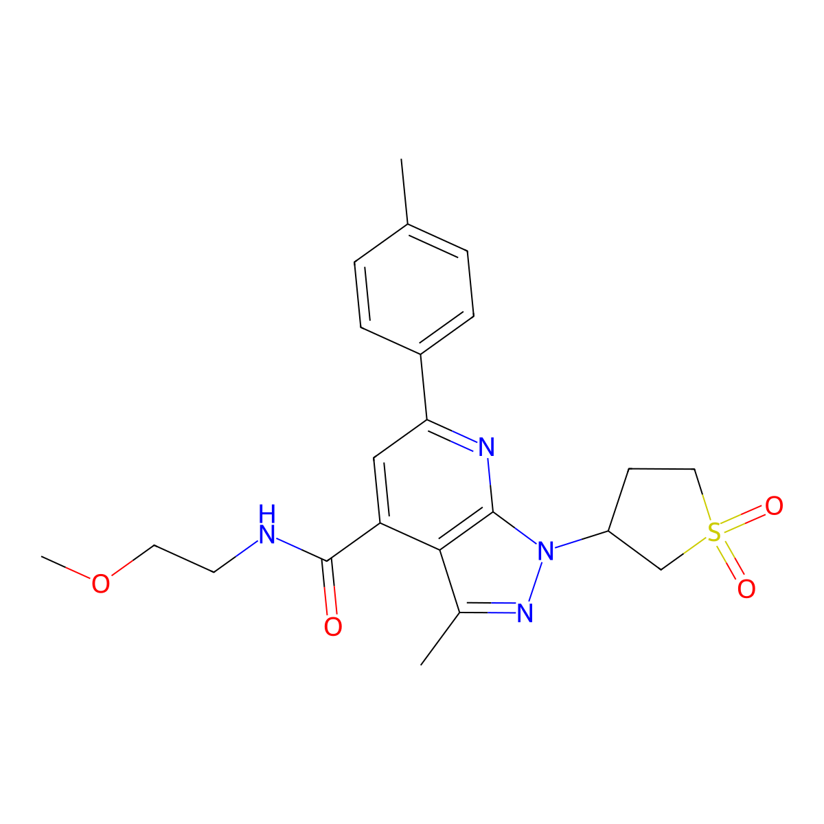 1-(1,1-dioxidotetrahydrothiophen-3-yl)-N-(2-methoxyethyl)-3-methyl-6-(p-tolyl)-1H-pyrazolo[3,4-b]pyridine-4-carboxamide molecular structure, CAS 1021249-94-4