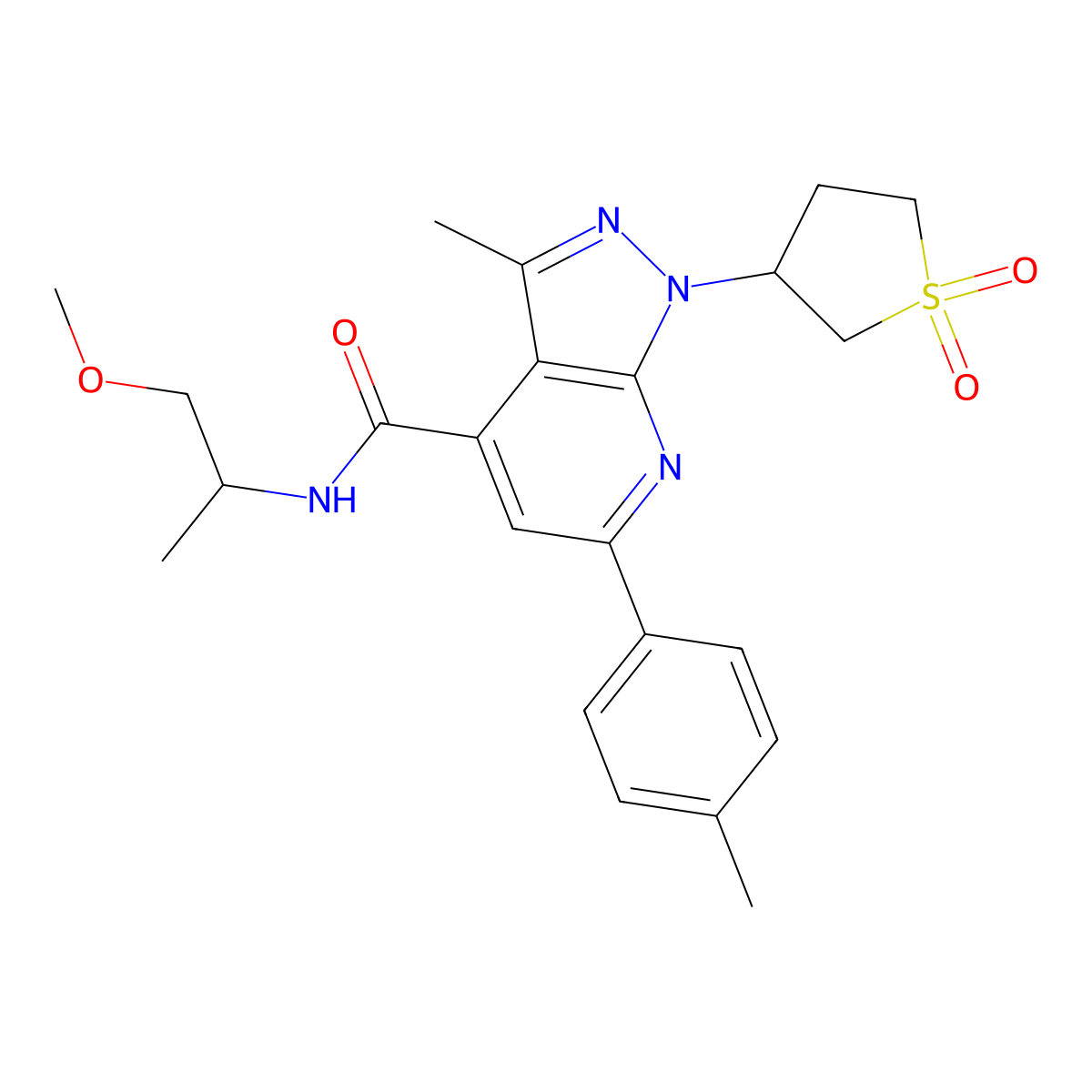 1-(1,1-dioxidotetrahydrothiophen-3-yl)-N-(1-methoxypropan-2-yl)-3-methyl-6-(p-tolyl)-1H-pyrazolo[3,4-b]pyridine-4-carboxamide molecular structure, CAS 1021249-97-7